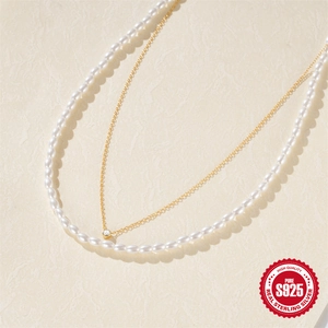 Double-layered S925 sterling silver necklace with white pearls and a round zircon pendant