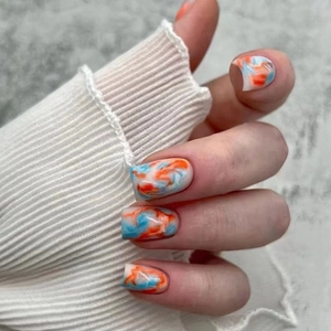 Blue Orange Sunset Gradient Press On Nails Marble Ink Square Round Artificial Fake Nails For Women Manicure