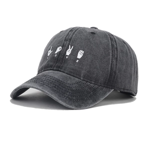 Vintage washed dark grey baseball cap with LOVE hand gesture embroidery and curved brim