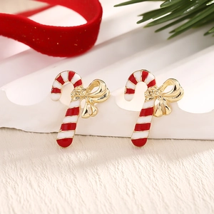 Festive Christmas candy cane stud earrings with red and white oil drip and golden bow
