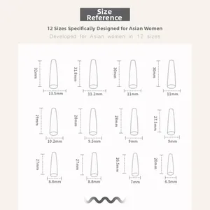 Size guide for long ballet press-on nails showing 12 detailed dimensions in mm