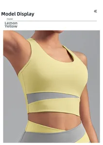 Vue latérale du soutien-gorge de sport jaune citron et gris et du legging de yoga