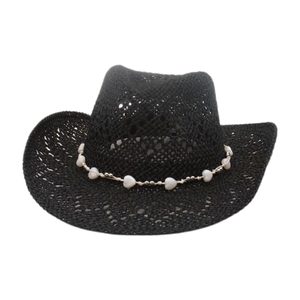 Breathable black woven cowboy straw hat with elegant heart-shaped bead chain decoration