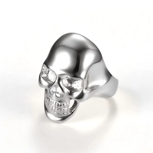 Polished silver stainless steel skull ring with intricate skeletal details and shiny finish