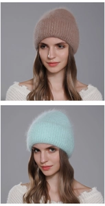 Close-up of knit winter hats with fluffy rabbit hair texture and sparkling sequins