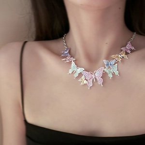 Colorful butterfly charm necklace with multi-color enamel pendants on silver chain