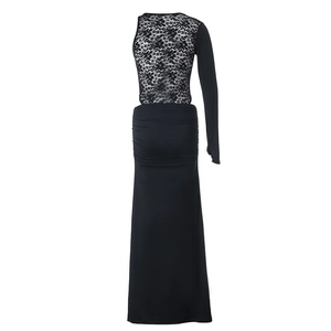 Detail of elegant black one-shoulder evening dress with floral lace bodice and slim fit