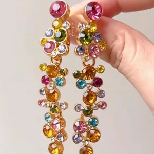 Sparkling multi-color crystal tassel earrings with golden base in wheat spike style