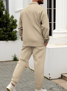 Outdoor back view of men's slim fit khaki jacquard jacket set with fine striped texture