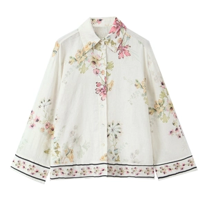 Damen Bluse Mit Blumenmuster Langarm Hemd Französischer Stil Locker Leinenoptik Kontrastrand Süß