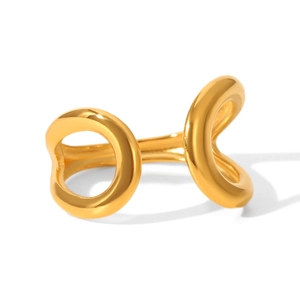 Modern gold stainless steel open ring with irregular double geometric rings design