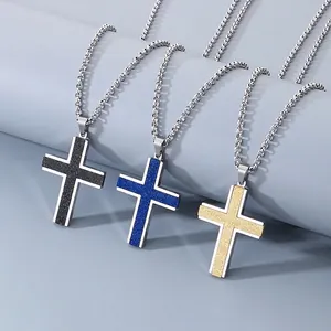 Stainless Steel Cross Pendant Necklace Frosted Matte Double Layer Simple Minimalist Men Jewelry Accessory