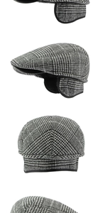 Detailed side and back view of men's vintage plaid winter cap with ear flaps