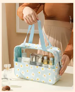 Detail of light blue daisy print makeup bag with clear PVC window and dual handles