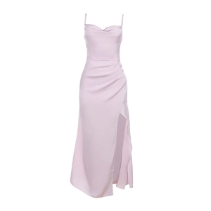 Pink satin slip dress with cowl neck, ruched side detail, and sexy high slit hemline