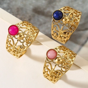 Vintage gold hollow-out pattern ring with round natural stones in three vibrant colors