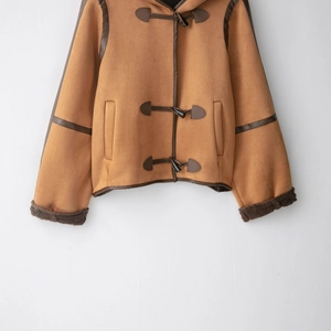 Women's camel suede shearling coat with toggle buttons and contrast leather trim