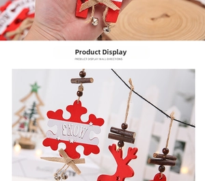 Detail of red wooden snowflake and reindeer ornaments with metal bells and twine