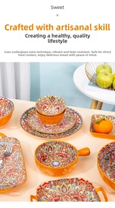 Detail of bohemian ceramic tableware with orange glaze and intricate mandala patterns
