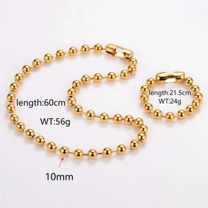 18k gold plated 10mm stainless steel bead chain necklace and bracelet set for men and women