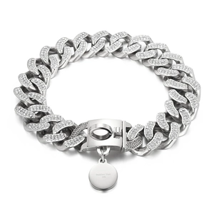 Polished silver stainless steel dog collar with cubic zirconia and round pendant