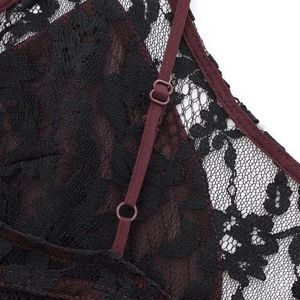 Burgundy sleeveless backless lace dress with adjustable straps and black floral mesh