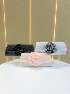 Elegant pleated evening clutch bag with fabric flower, chic party shoulder bag for women.