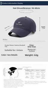 Detailed size chart for breathable cotton baseball cap with 56-60cm circumference info