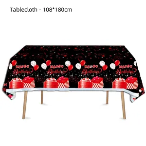 108x180cm Birthday tablecloth in black and red with balloons, gifts, and fireworks design