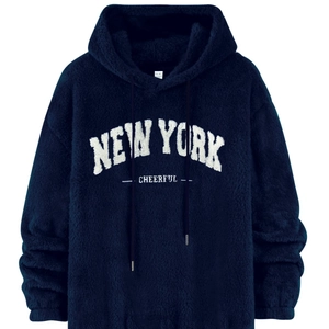 Navy blue 3D printed hoodie with New York lettering on a clean white background