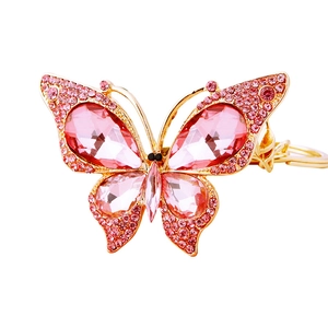 Exquisite pink crystal butterfly keychain with golden alloy frame and sparkling rhinestones