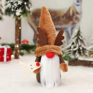 Plush Christmas gnome doll with reindeer antlers and beard for festive tabletop decoration