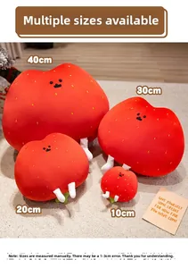 Group display of strawberry plush toys in four sizes from 10cm to 40cm on a soft rug