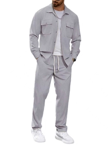 Front view of men's light grey two-piece set featuring textured lapel jacket and trousers