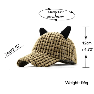 Detailed size specifications for the cat-eared corduroy baseball cap with 3D texture