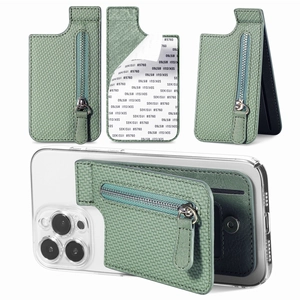 Universal adhesive phone wallet with zipper coin pocket and folding kickstand detail