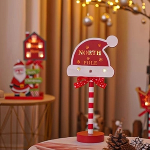 Christmas North Pole hat wooden LED tabletop ornament with red striped stand and warm lights