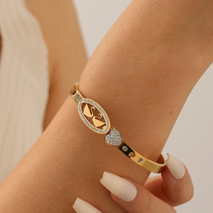 Stainless Steel Gold Plated Double Swan Heart Bangle For Women Elegant Hollow Rhinestone Cuff Bracelet Jewelry