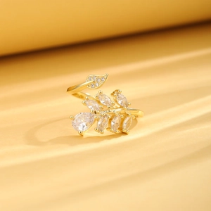 Adjustable leaf open ring with sparkling white zircon in polished gold finish