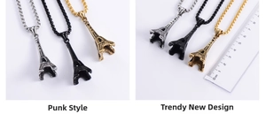 Detailed size comparison and color options for Eiffel Tower pendant necklaces in three finishes