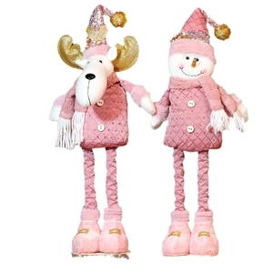 Pink Christmas plush elk and snowman figurines with sequin hats and long telescopic legs