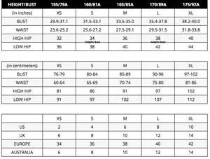 Size chart detail for black blazer set with international size conversion and measurements