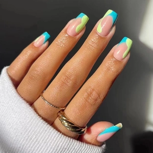 French Wave Pattern Medium Long Square Press On Nails Blue Green Forest Glossy Elegant False Nails