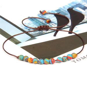 Handmade 4mm colorful stone bead woven bracelet with adjustable brown cord strap