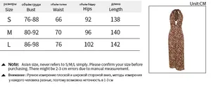 Size chart for leopard print deep V-neck maxi dress with bust, waist, and hip measurements