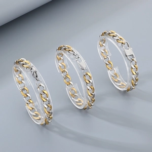 Three-piece set of two-tone gold and silver stainless steel 9mm curb chain bracelets