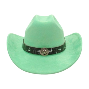 Mint green western cowboy felt hat with splash-ink band and silver lion head ornament