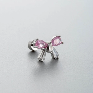 Titanium steel butterfly stud earring with pink and clear zircon crystals
