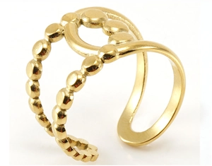 Detail of 18K gold stainless steel ring featuring multi-layer band and beaded texture