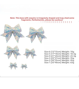 Size chart for colorful white Christmas bows showing dimensions from 12x15cm to 35x40cm